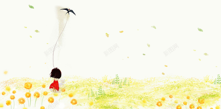 清新水彩风放风筝的小女孩海报背景psd背景