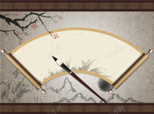 中国风毛笔画卷扇形海报背景素材背景