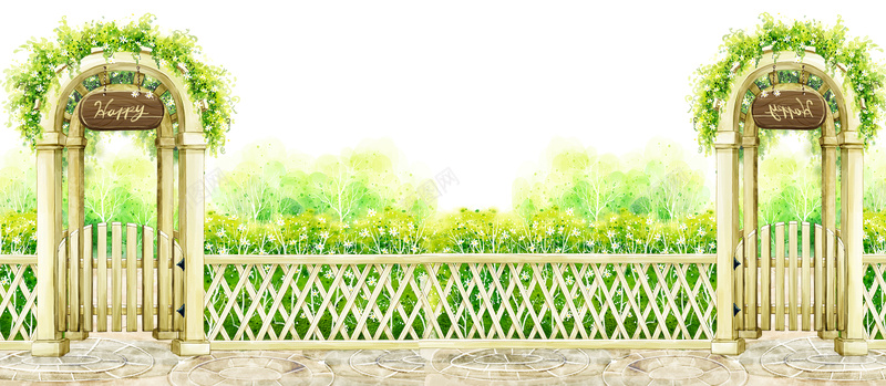 清新水彩手绘花园背景图背景