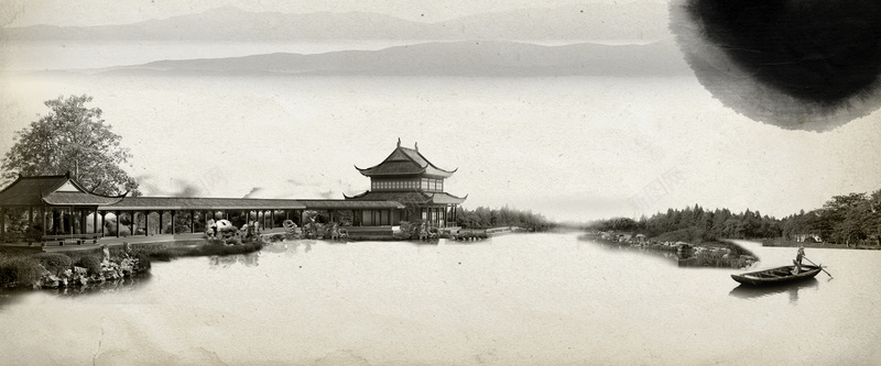 中国风亭台楼阁水墨背景背景