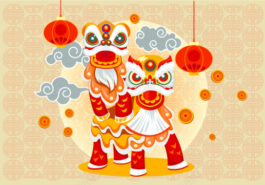 中国风新年舞狮节日海报贺卡手绘背景素材背景
