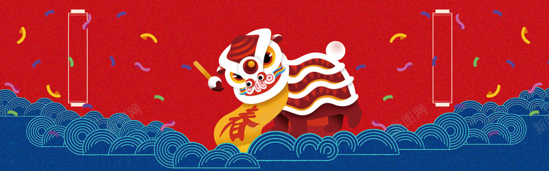 春节红色卡通电商舞狮子banner背景