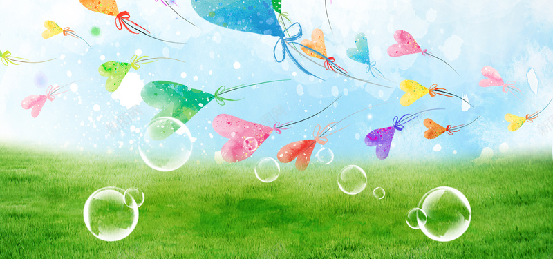 卡通手绘绿色环保爱心气球透明气泡海报banner背景