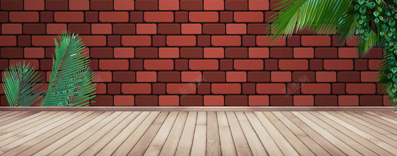红砖墙壁绿叶木地板背景背景