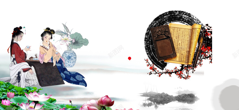 中国风背景psd设计背景_88icon https://88icon.com 中国风 水墨画 花瓶 荷花池 海报banner 古典美女