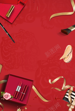 红色简约春季美妆化妆品海报背景