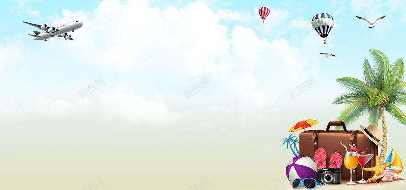 周末去哪儿海报背景jpg设计背景_88icon https://88icon.com 欢乐之旅 旅行 旅游 热气球 飞机 椰树 蓝天白云 卡通 插画风 暑期出行 海鸥 度假