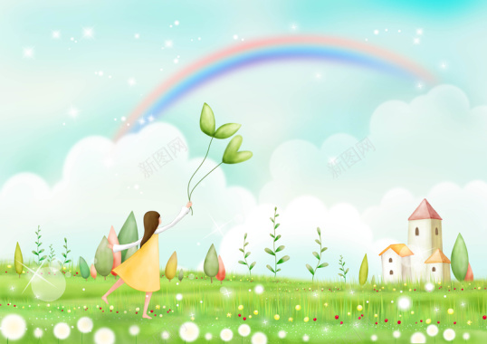 手绘幼儿园插画女孩绿叶气球彩虹背景