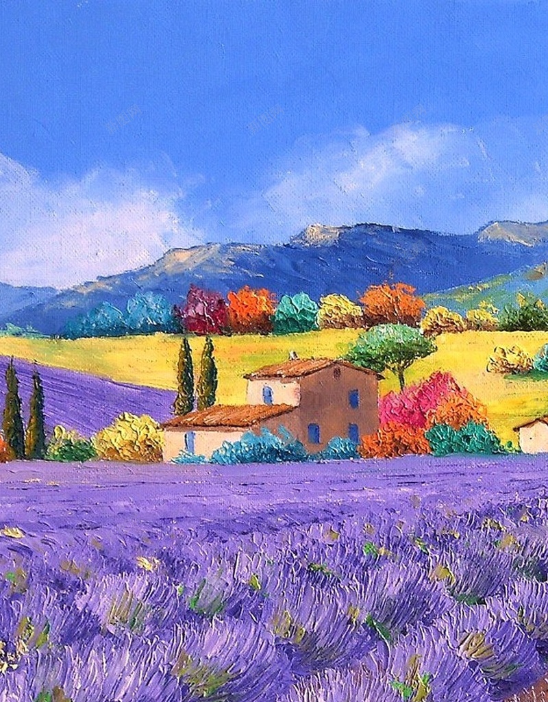 法国田园风油画手机H5背景jpg设计背景_88icon https://88icon.com 天空 云朵 薰衣草 建筑 远山 H5 h5