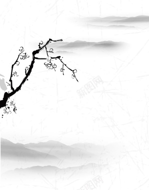 矢量黑白色梅花山水中国风背景背景