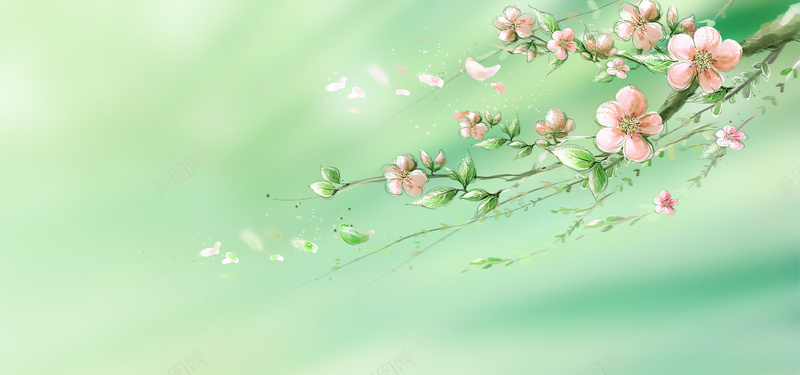 绿色桃花背景psd设计背景_88icon https://88icon.com 海报banner 卡通 桃花 童趣 绿色 手绘