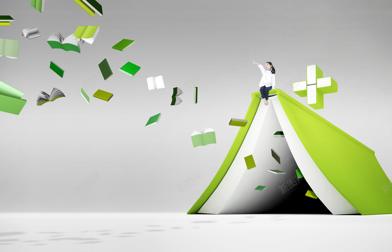 创意书本psd设计背景_88icon https://88icon.com 儿童教育 小女孩 书本 手指天空的女生 飞翔的书本