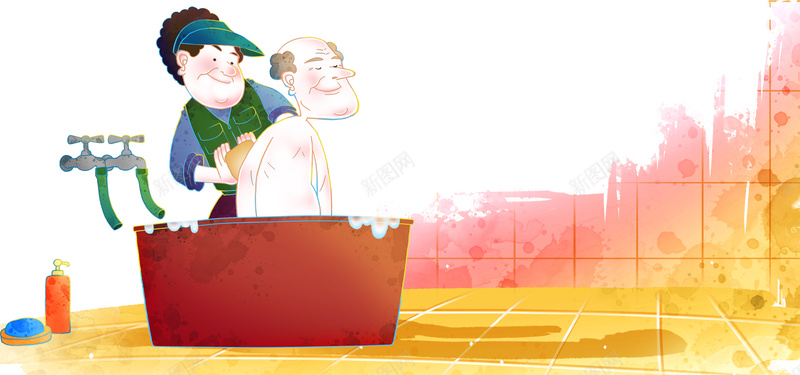 卡通人物节约用水洗浴洗澡浴缸海报banner背景