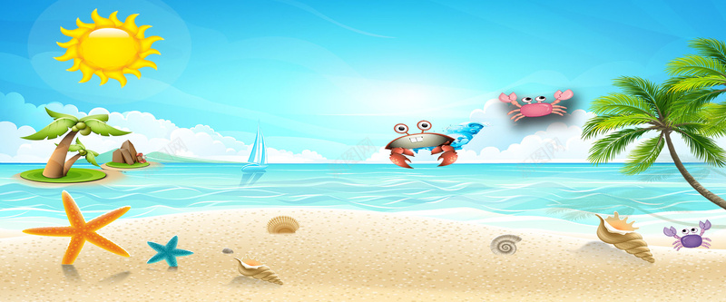卡通海洋风景背景psd设计背景_88icon https://88icon.com 卡通 海洋 太阳 螃蟹 蜗牛 海报banner 童趣 手绘