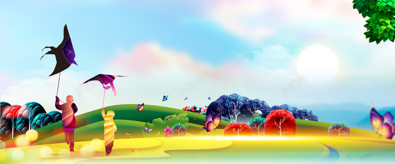 春天里放风筝彩色手绘bannerpsd设计背景_88icon https://88icon.com 彩色 手绘 文艺 春天 风筝 蝴蝶 树林 草地 云层 渐变 清新