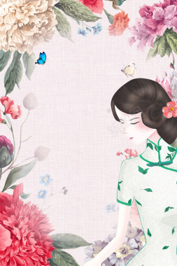 浅粉色手绘春季上新花卉古典美女背景背景