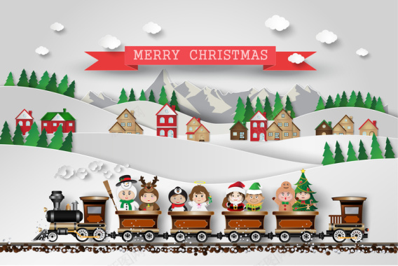圣诞火车麋鹿雪山风景海报背景素材背景