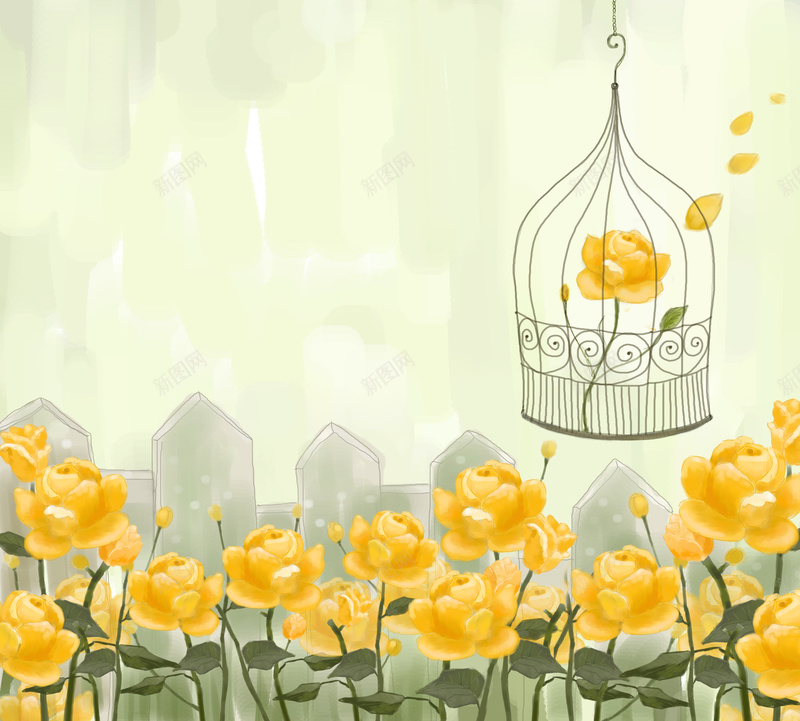 花园黄色鸟笼花朵印刷背景psd设计背景_88icon https://88icon.com 背景 花园 花朵 鸟笼 黄色 卡通 童趣 手绘