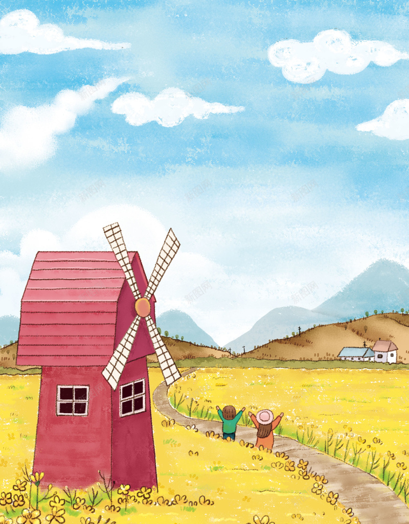 蓝色清新手绘春季油菜花踏青背景psd设计背景_88icon https://88icon.com 油菜花 手绘 春季 清新 蓝色 踏青背景 春天 春游 风车