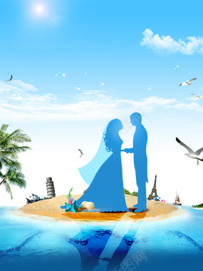 蓝色浪漫剪影海边婚礼背景素材背景