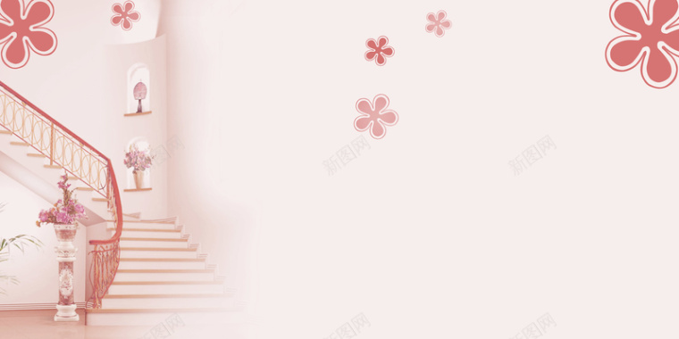 粉色唯美楼梯花朵台历海报背景模板背景