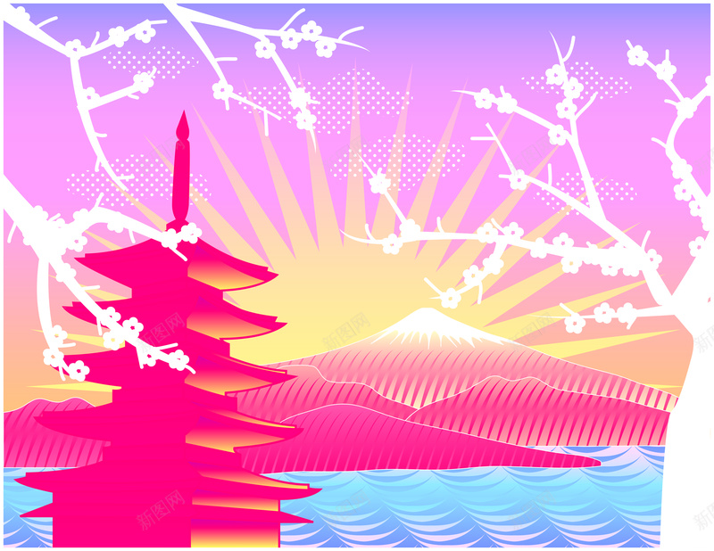 日本的扁平化背景图eps设计背景_88icon https://88icon.com 建筑 樱花 粉色 蓝色 黄色 树干 日出 富士山 海浪纹理