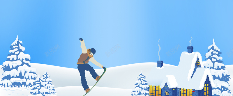滑雪爱好者手绘蓝色banner背景