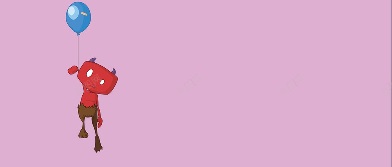 卡通粉红色背景蓝色气球吊起红色小怪兽背景