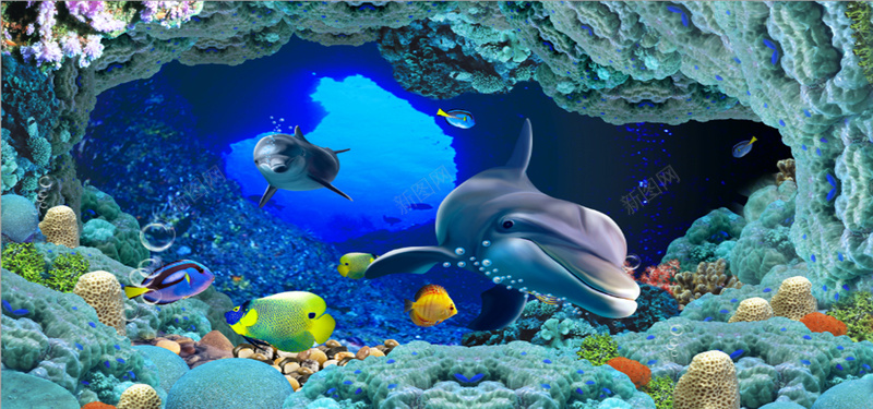 卡通背景图jpg设计背景_88icon https://88icon.com 卡通 海豚 鲨鱼 礁石 海景 海水 彩色的鱼 海报banner 童趣 手绘