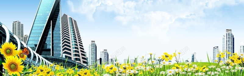 城市风景图片psd设计背景_88icon https://88icon.com 城市 鲜花 蓝天白云 海报banner 摄影 风景