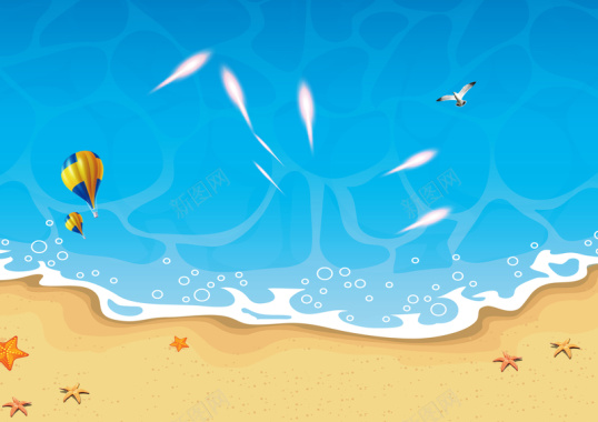 夏季蓝色海滩清新手绘扁平化海报背景背景