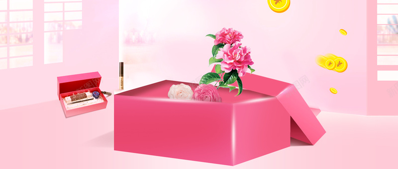美妆节文艺金币盒子几何粉bannerpsd设计背景_88icon https://88icon.com 化妆品 美妆节 化妆 文艺 美妆 小清新 简约 素材 广告 设计 背景 女生 钱币 窗口 几何