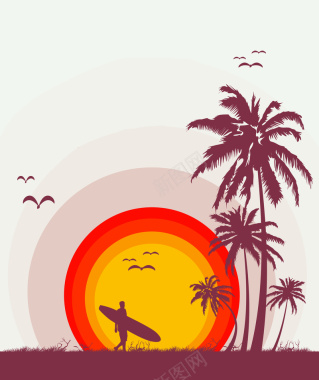 红色太阳沙滩鸟椰子树背景背景