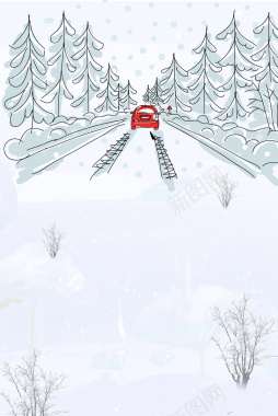 白色简约文艺温馨冬季雪地树木汽车场景样式背景