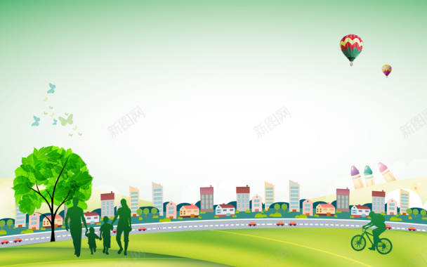 绿色扁平城市环保气球家人背景素材背景