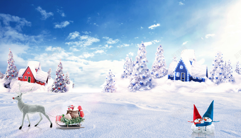 圣诞麋鹿雪花背景psd设计背景_88icon https://88icon.com 圣诞树 冰箱 圣诞 房屋 麋鹿 蓝天 雪地 雪堆