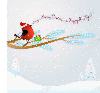 圣诞节飘雪树枝小鸟背景素材背景