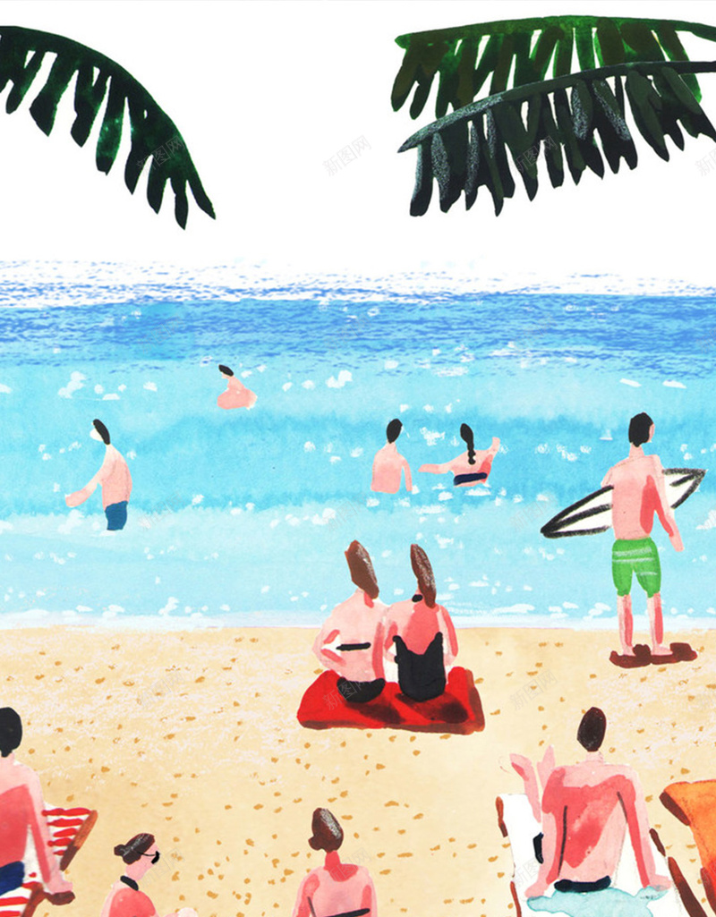 沙滩插画H5背景jpg设计背景_88icon https://88icon.com 日光浴 卡通 沙滩 海边 童趣 H5背景 手绘