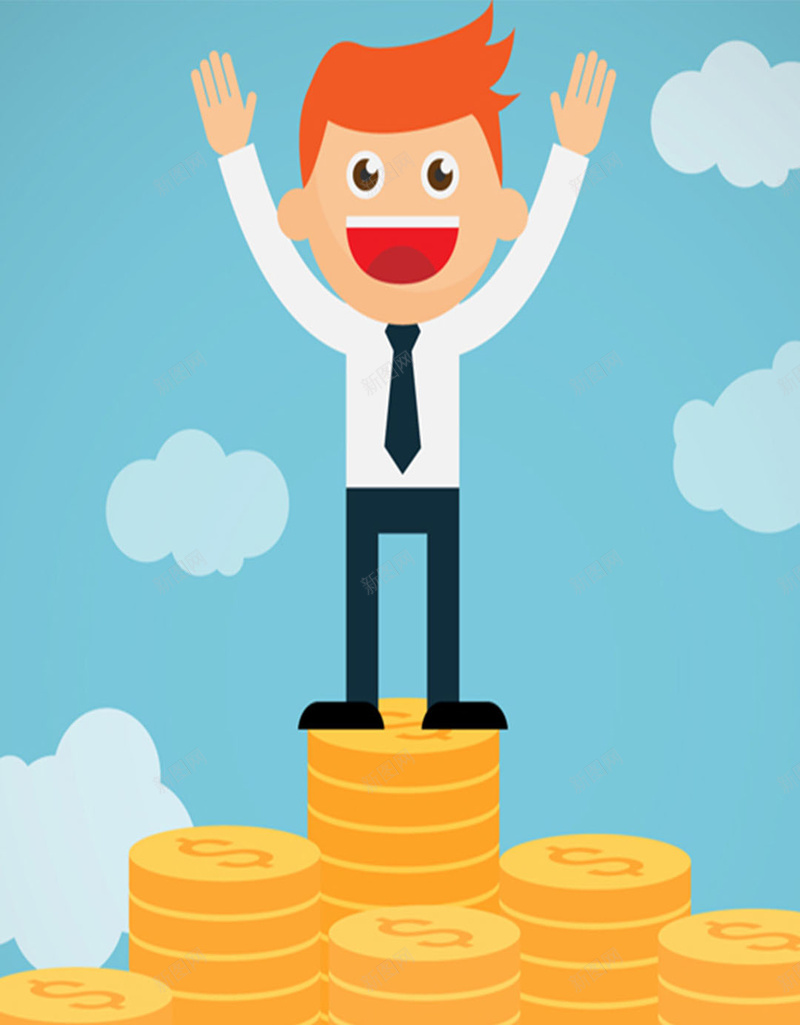 站在钱币上的人物jpg设计背景_88icon https://88icon.com 蓝色背景 卡通 开心 快乐 金融 金碧 H5背景 笑容 童趣 手绘