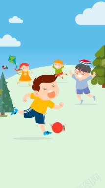 六一儿童节孩子们踢足球玩耍H5背景素材背景