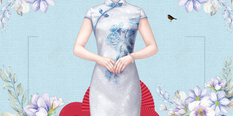 花卉唯美复古旗袍艺术宣传海报背景素材背景