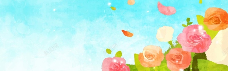 春天装饰画图片psd设计背景_88icon https://88icon.com 海报banner 蓝色背景 卡通 手绘 花朵 水粉画 童趣