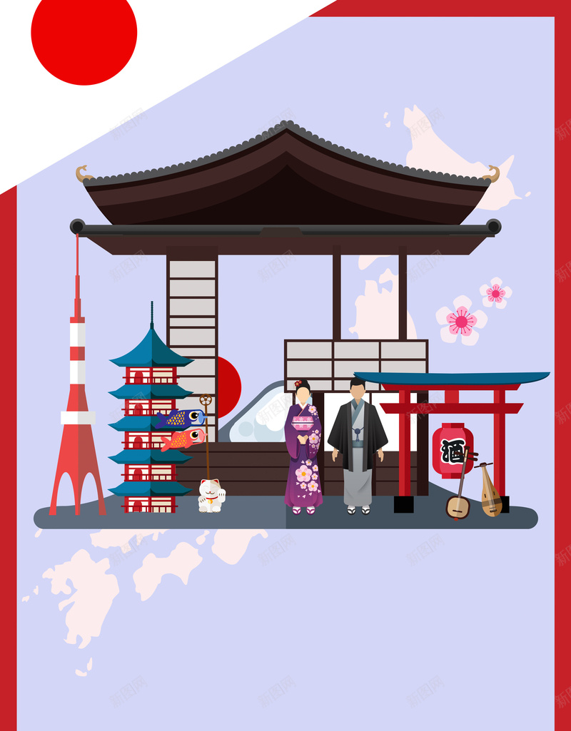 紫色矢量扁平化日本旅游海报背景psd设计背景_88icon https://88icon.com japan 海报设计 旅游 日本 粉色 日本樱花 建筑 日本服饰 日本旅游 扁平化