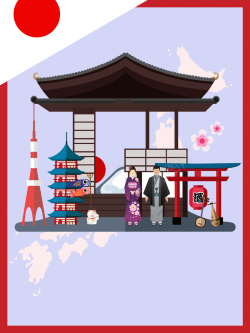日本服饰紫色矢量扁平化日本旅游海报背景高清图片