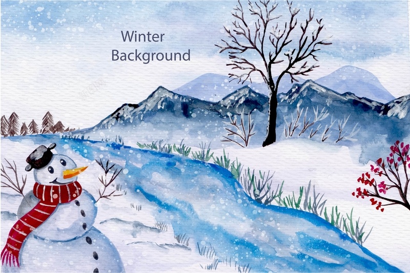 冬季雪人矢量背景模板jpg设计背景_88icon https://88icon.com 冬季 小河 手绘 矢量 雪人 卡通 童趣