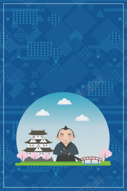 蓝色扁平化日本之旅创意海报背景素材背景