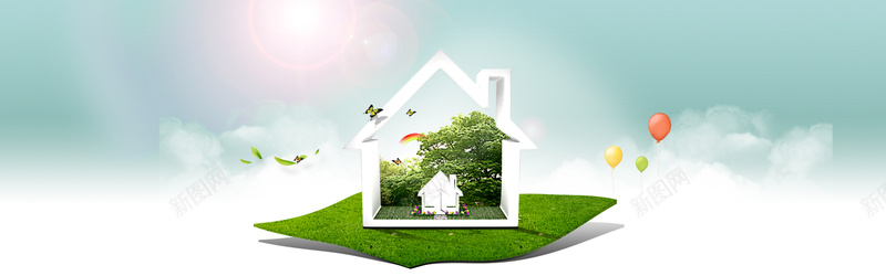 淘宝自然家居banner背景jpg设计背景_88icon https://88icon.com 蓝色 自然 环保 气球 白云 房屋 蝴蝶 阳光 家居 banner 海报banner