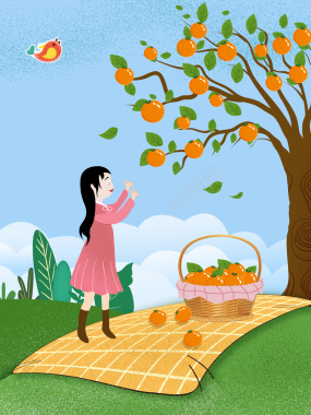 卡通手绘女孩摘橘子海报背景