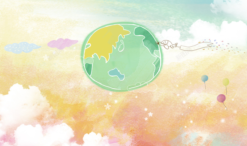 卡通世界地球日海报背景psd设计背景_88icon https://88icon.com 云 地球素材 飞机 卡通 气球 世界地球日 爱护地球 白云 天空
