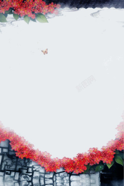 平和古风青砖红花加蝴蝶海报背景高清图片